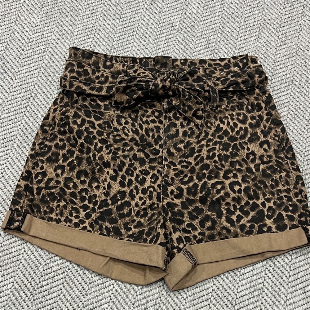 Express Leopard Print Paperbag Waist Shorts - Brown/Black